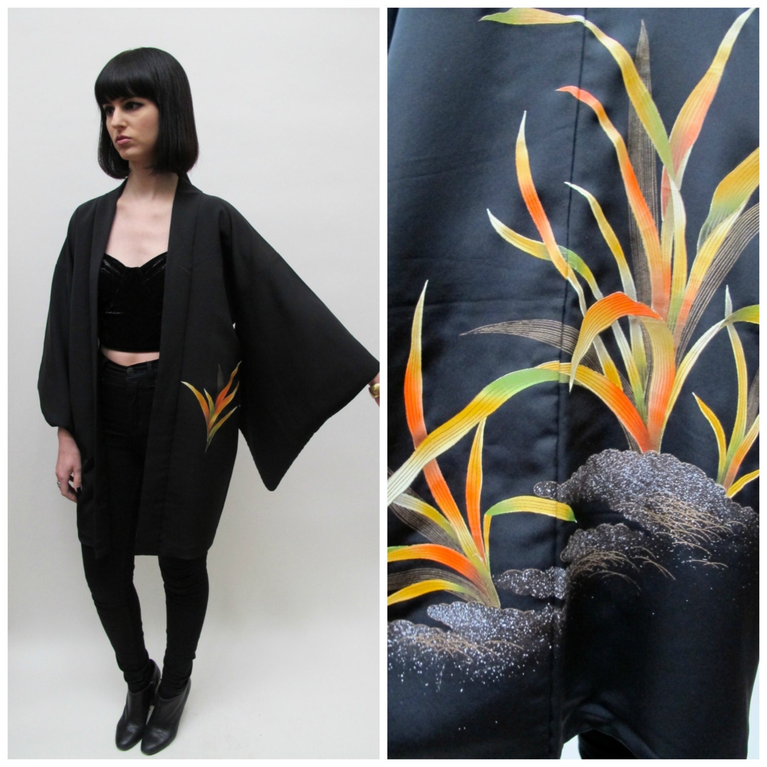 Vintage Black Hand Painted Kimono Jacket