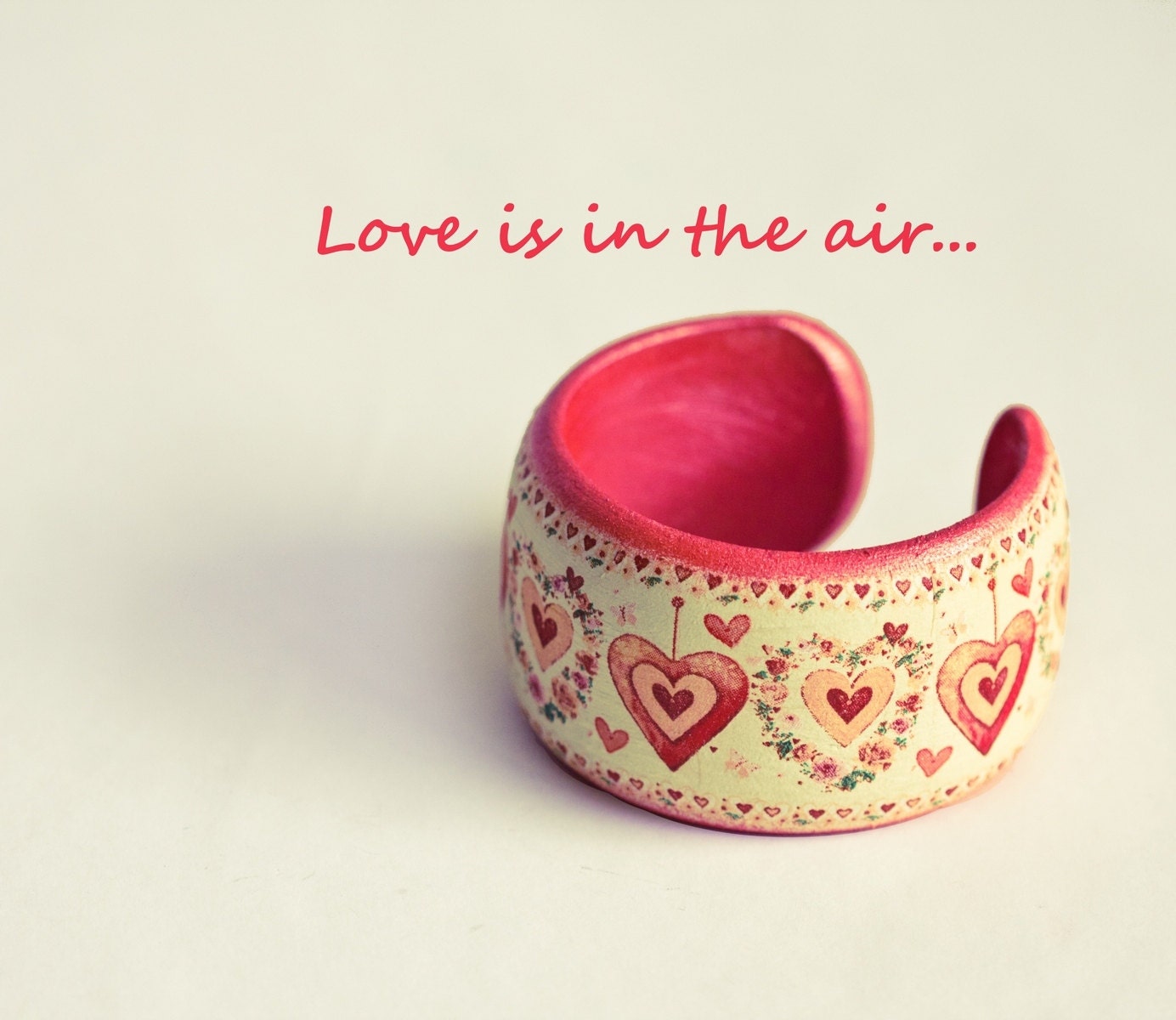 Pink Hearts Cuff, Romatic Love Bangle in Pink and cream, Wood Bangle, Eco Friendly, Spring Jewelry ohtteam