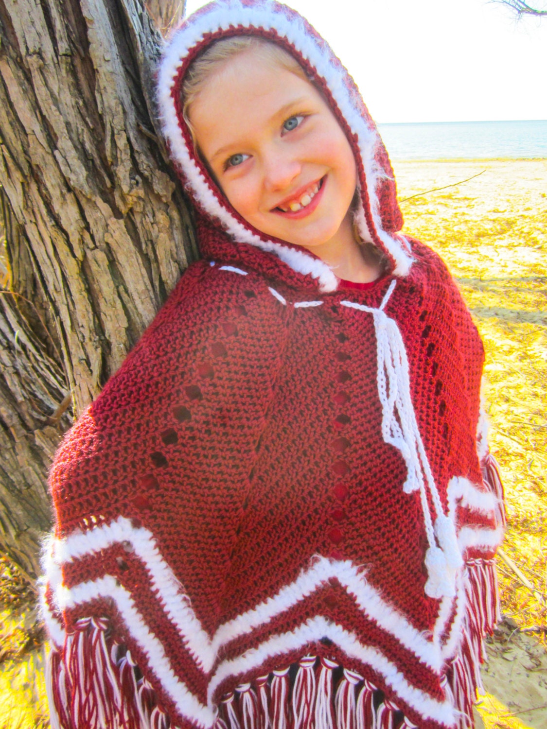 Hooded Fringe Poncho - Size 6-10 year old - Soft Crochet Wrap Shawl - Made to Order