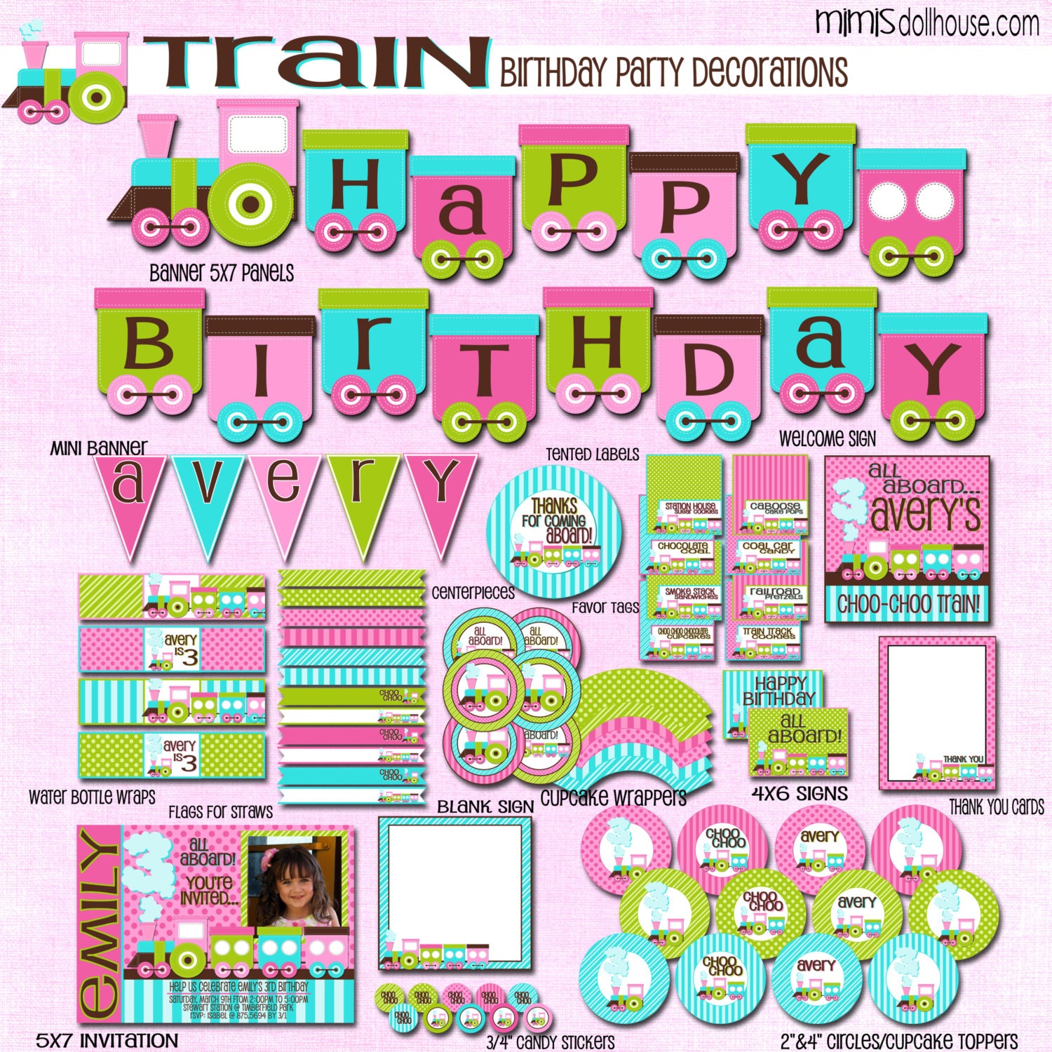 Train Party Decorations- Printable Train Birthday Party Decorations-Pink Train Party PDF Il_570xn