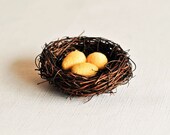 Pastel Yellow Eggs in Twig Nest - Medium - Woodland Nature Inspired Home Decor All Natural Wool Felt Gift Educational Toy Decorations