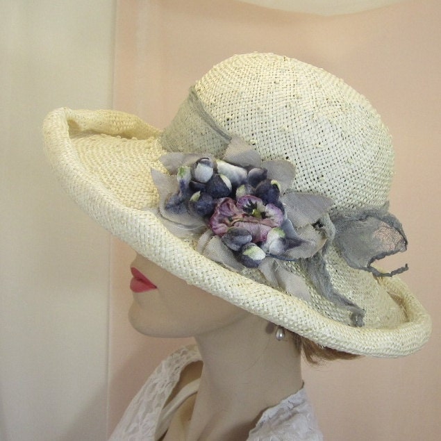 Summer straw hat with rolled brim for wedding, Kentucky Derby or Downton Abbey event