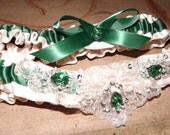 Emerald Green and Ivory Gem Wedding Garter Set, Bridal Garter Set  OOAK