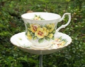 Yellow Pansy Tea Cup Bird Feeder Garden Decor - Shabby Chic Upcycled China