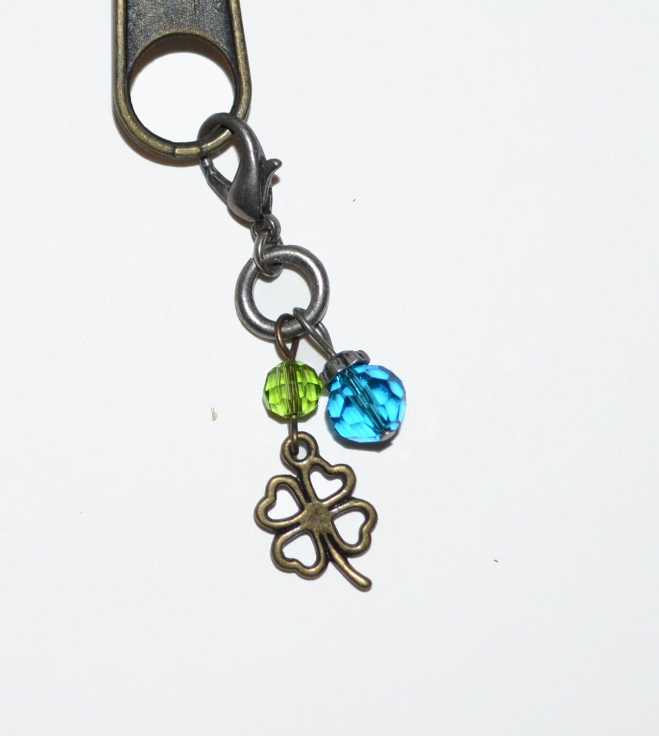 Zipper Pull Charm Four Leaf Clover Blue Green Crystal Bead Mixed Metals