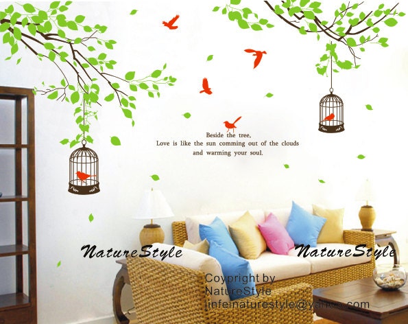 Branch with Flying Birds and birdscage -Vinyl Wall Decal,Sticker,Nature Design wall decal tree decal nursery baby wall decal birthday decal