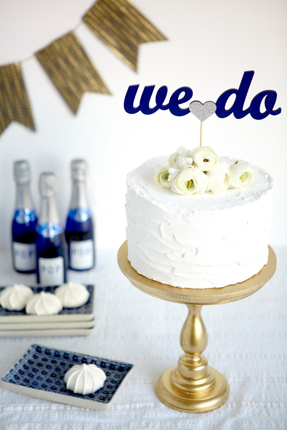 The Whimsical Wedding Cake Topper in Navy and Silver Glitter - Ready to ship