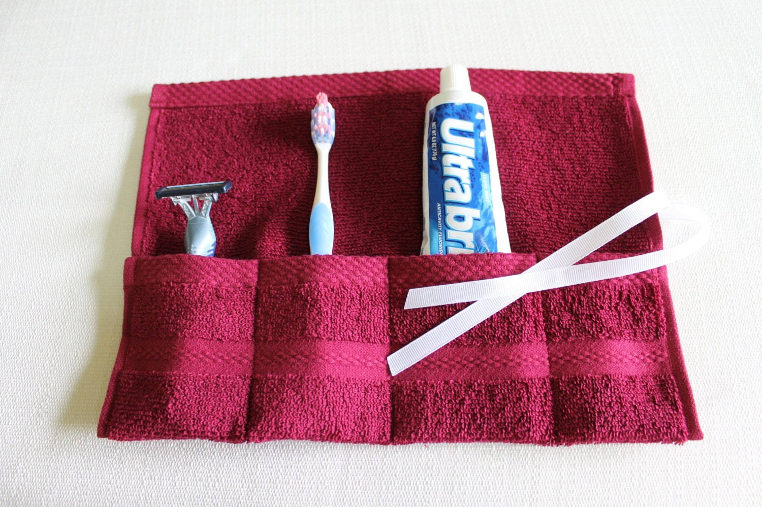 Terrycloth Toothbrush and Paste Travel Roll in Burgandy Berry...great little gift....free shipping