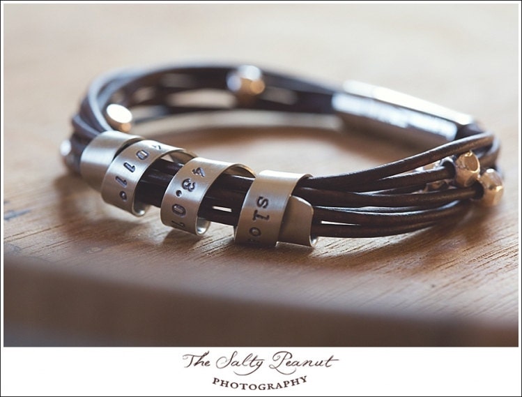 Personalized Silver and Leather Bracelet Hand Stamped With Custom Spinning Message