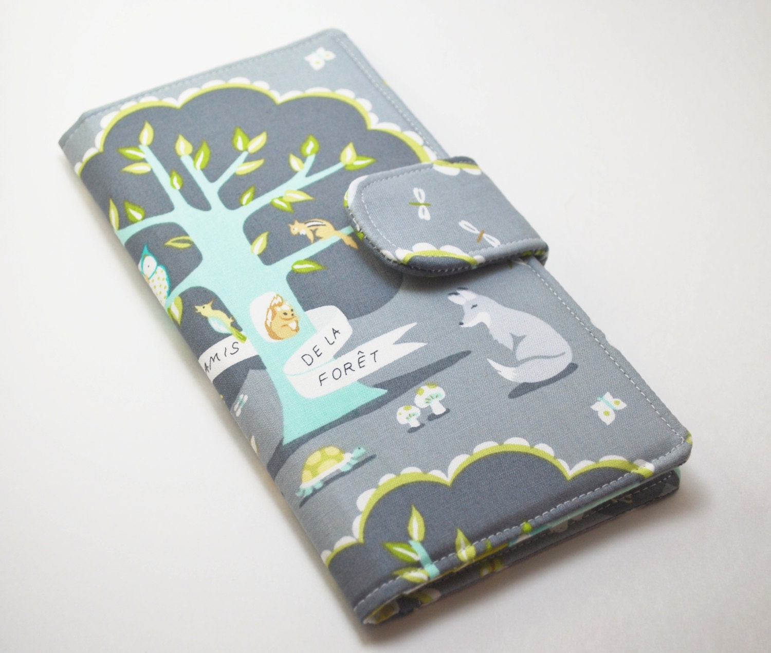 Fox Wallet, Women's Fabric Clutch, Vegan Wallet, Woodland Animals, Grey - Made to Order