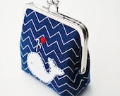 Whale Coin Purse, Embroidered Chevron Wallet, in Navy, White, and Grey Anchors, Made to Order