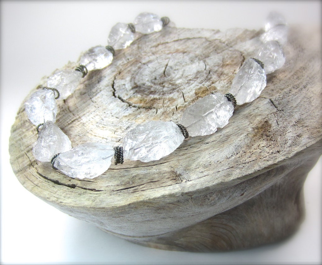 Rough quartz crystal Necklace. Natural clear quartz hammered stones and oxidized silver necklace. Statement rustic necklace.