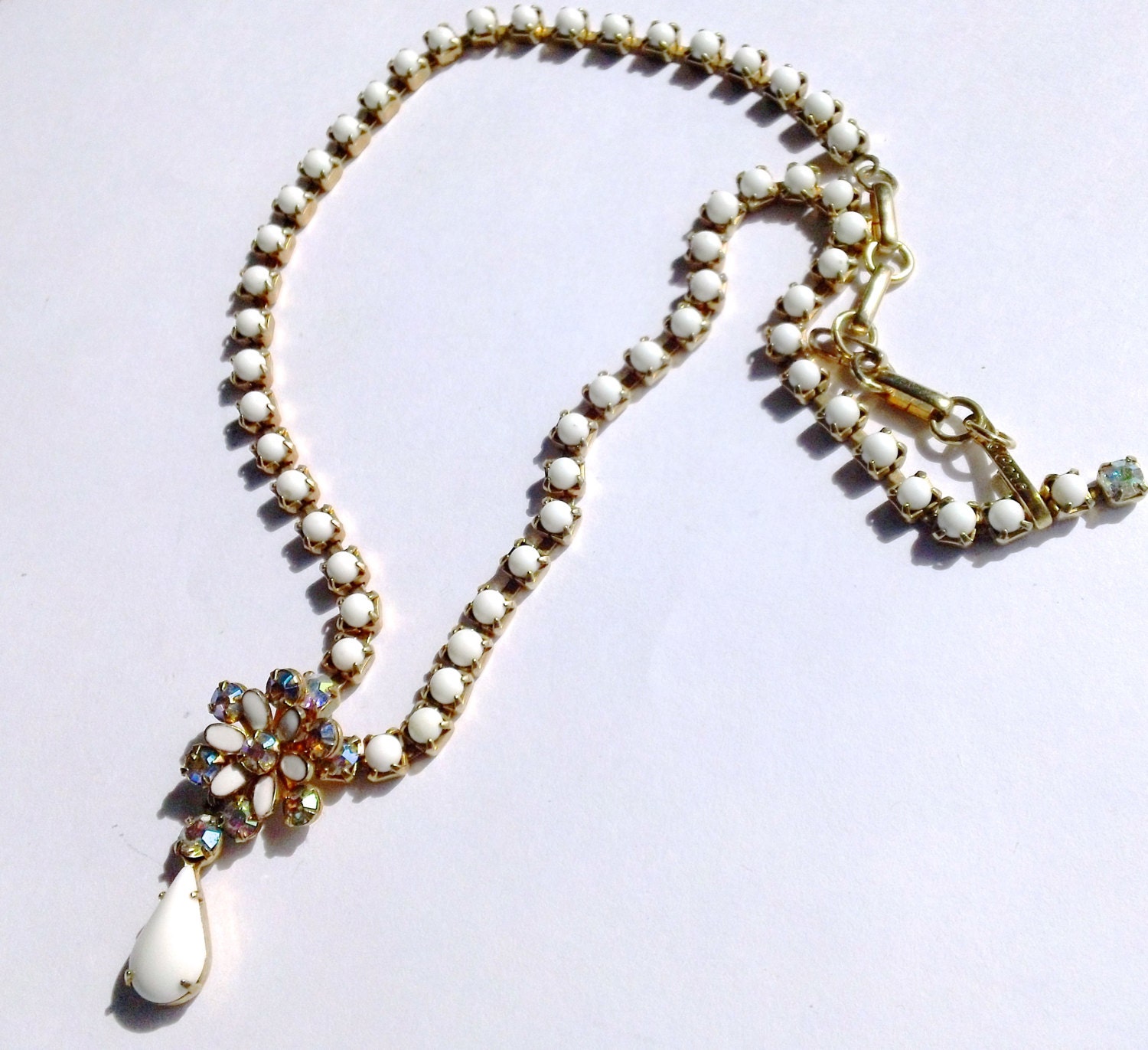 Coro Milk Glass Rhinestone Necklace Brides Wedding Glamor Retro Party Jewelry