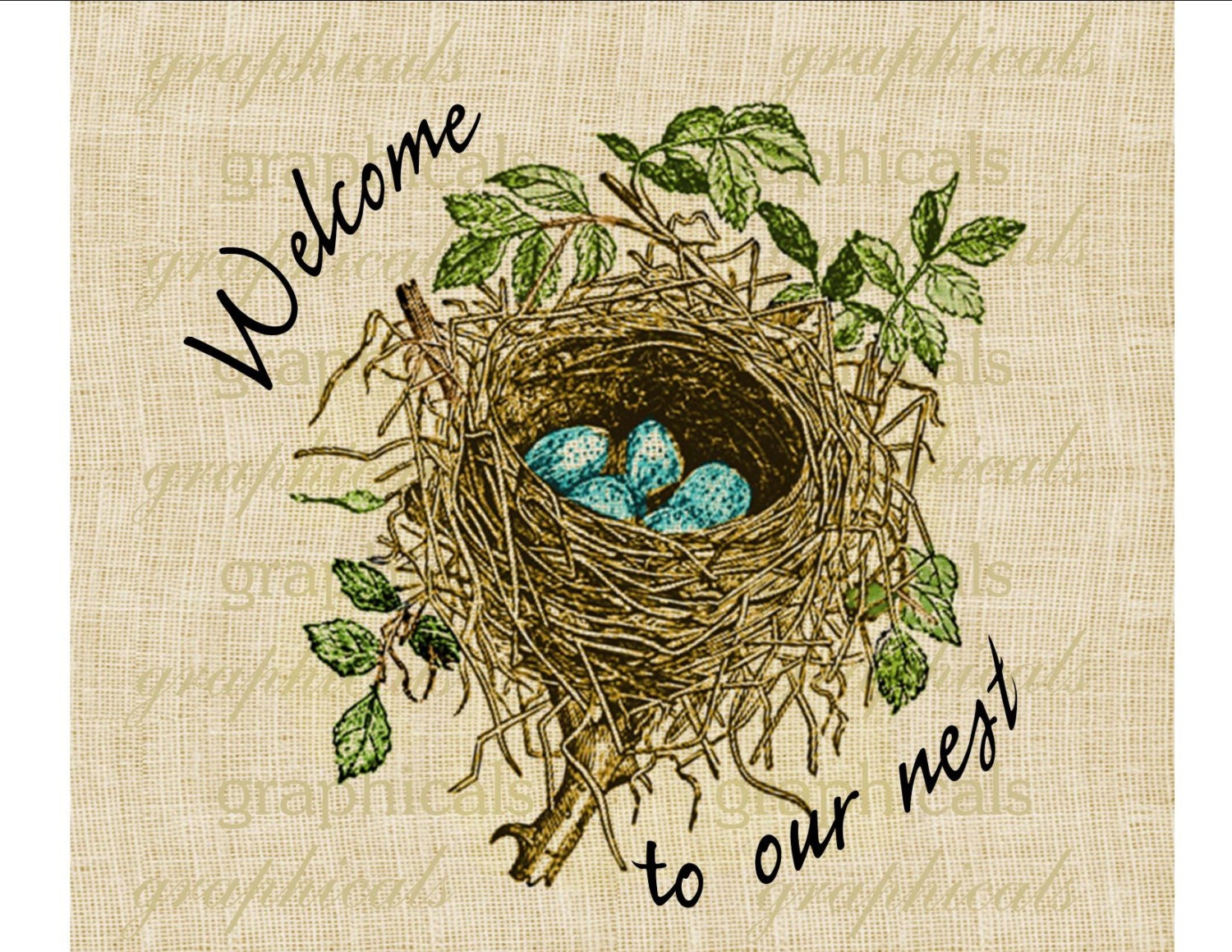 Welcome Spring Nest Blue eggs Digital download image for iron on fabric transfer burlap decoupage pillows cards scrapbook No. 1817