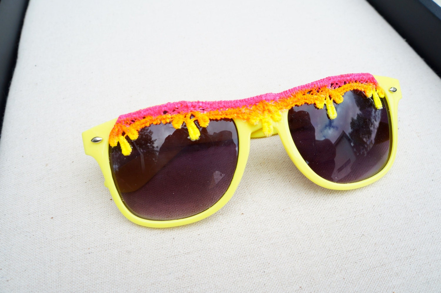 Neon Yellow Sunglasses Hand Painted Lace in Pink Orange and Yellow