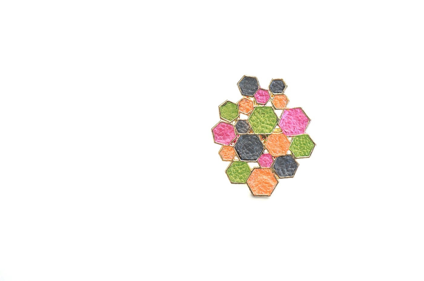 Leather Ring Hand Painted Honeycomb in Green Orange Pink Grey