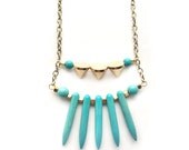 Turquoise Spike Ladder Necklace, tribal gold bib brass cube
