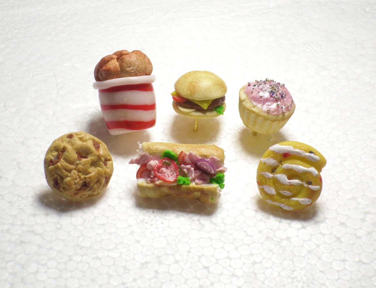 Push Pins/ Notice board pins. Fast Food. Set of 6. Polymer Clay.
