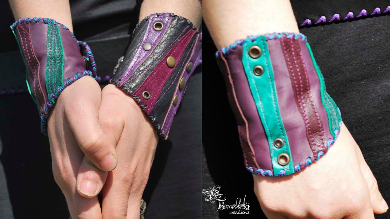 Pixie circus leather bracelet, purple and turquoise textured festival wristband, colorful tribal fairy leather bracelet cuff