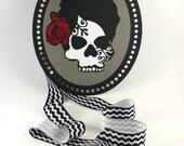 Wedding Chair Signs - Gray White Black Red - Bride Groom Reversible Mr. Mrs. Day of the Dead Sugar Skulls