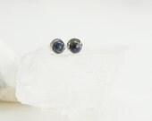 Tiny Lapis Lazuli Stud Earrings - Sterling Silver Wire Wrapped Navy Blue Genuine Gemstone Rounds - Intuition, Meditation, Healing