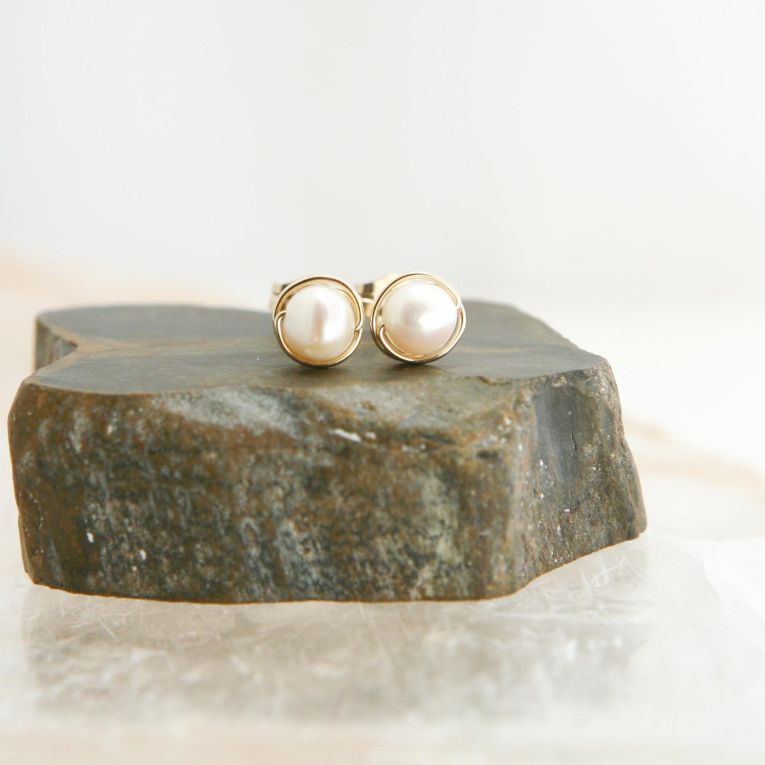 Freshwater Pearl and Gold Stud Earrings - 12k Gold Filled Simple Studs - Peace, Purity, Faith, June Birthstone, Bridal Jewelry, Mothers Day