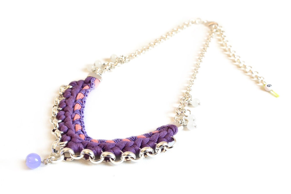 Fabric Chevron Bib, Statement Necklace, Purple and Coral Red Jersey, Silver Plated Chain