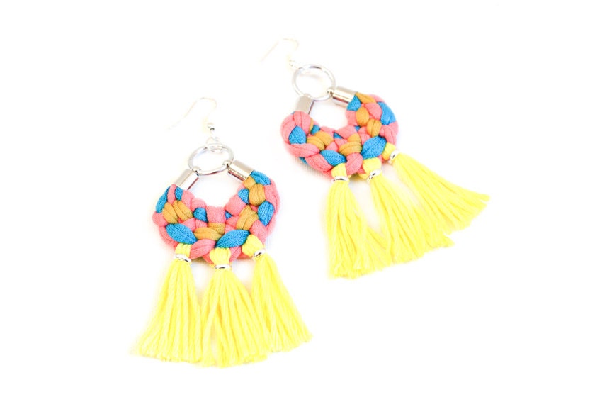 Folk Earrings With Yellow Tassels, Colourful Fabric Earrings, Big Chandeliers