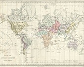 1873 Antique WORLD Map of the World 1800s atlas animal regions Map