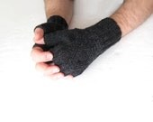 Hand knit fingerless gloves, gift for men, unisex, dark gray mitts