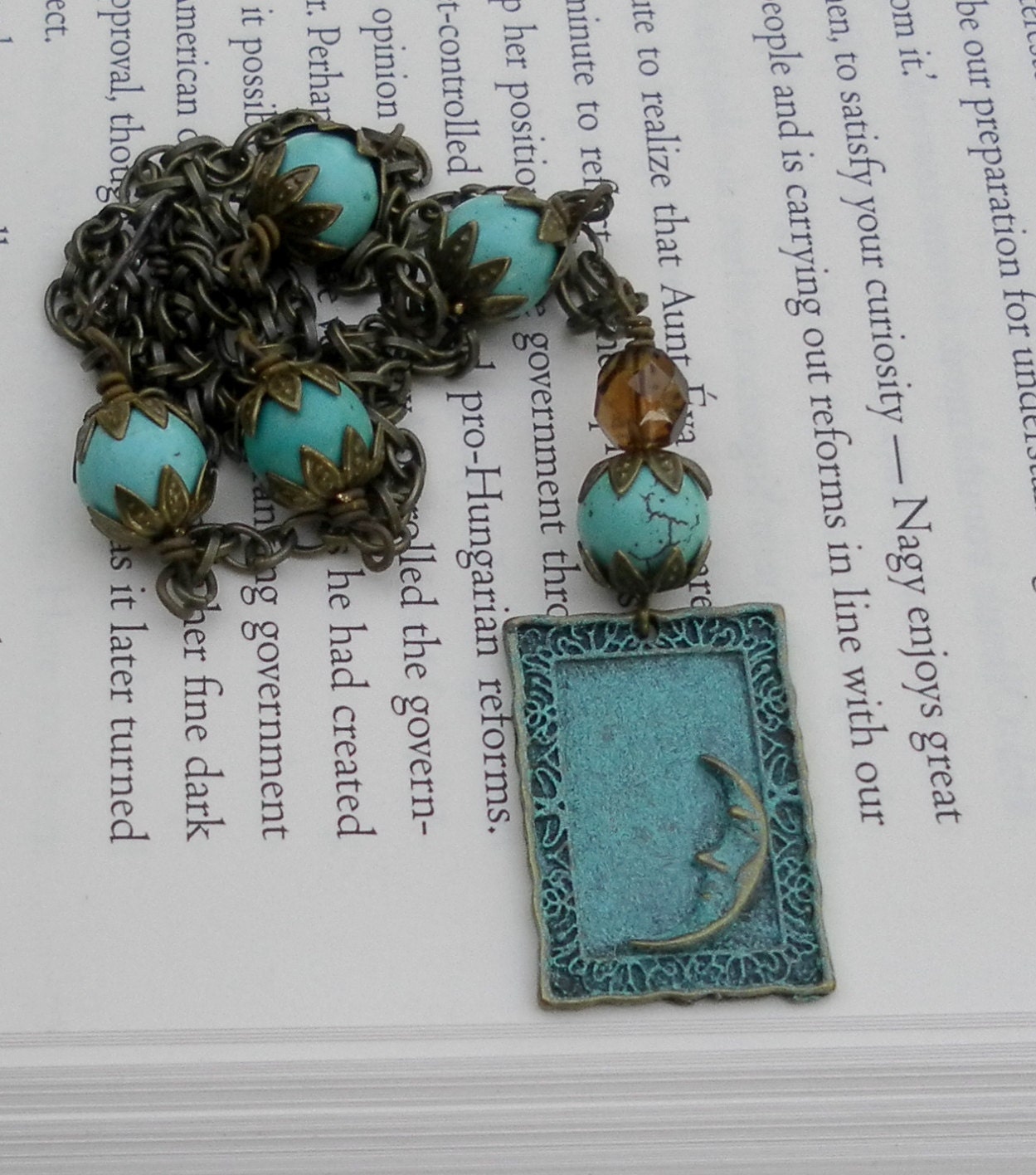Green Moon Necklace Gypsy Bohemian Patina Mystical Moon Turquoise