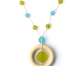 Wood Teething Necklace/ Resin Nursing Breastfeeding Necklace - Chartreuse Green and Sky Blue