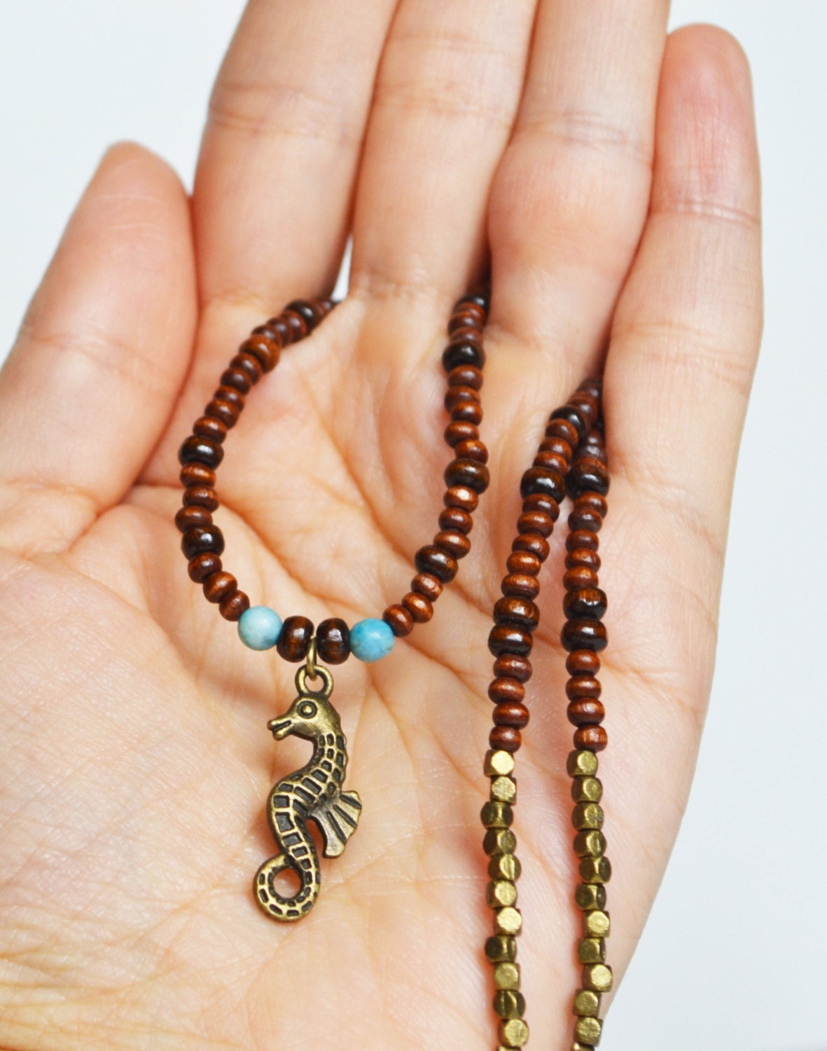 Beach Seahorse Necklace, Summer Wooden Bead Ocean Necklace, Wood and Agate Beaded Necklace, Beach inspired Jewelry,  Earthy Necklace