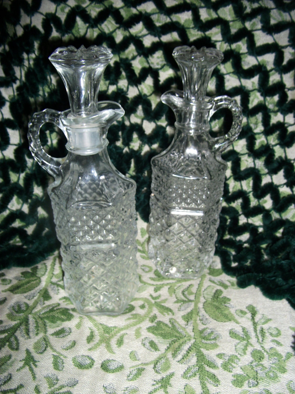 Vintage Pressed Glass Cruet Bottles with Stoppers EAPG Both Only 6 USD