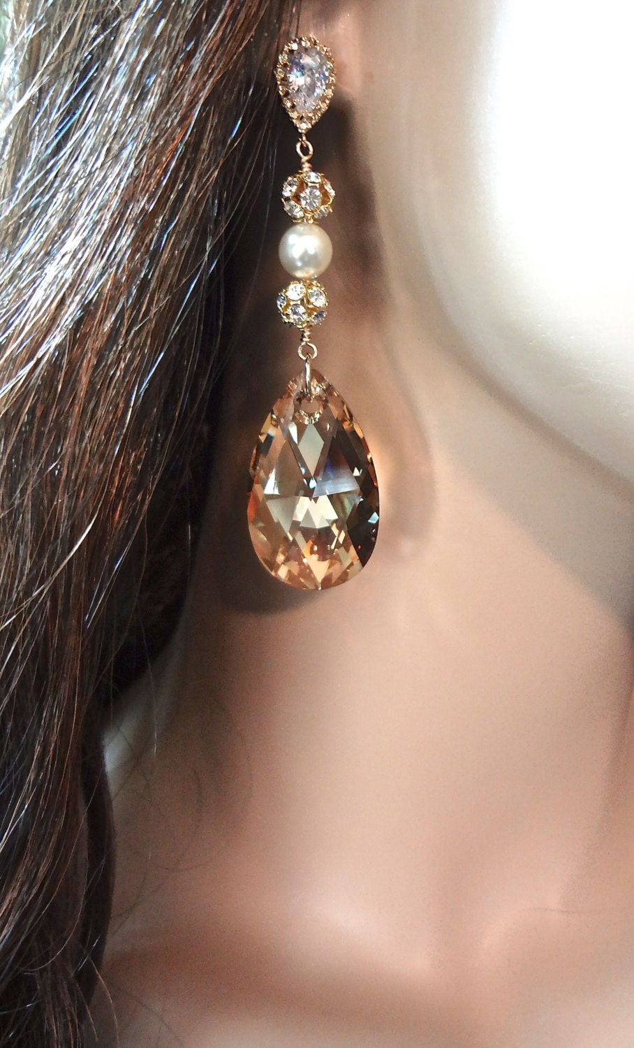 Bridal jewelry - Statement earrings - Long - Gold - Crystals- They Sparkle like huge Diamonds - Prom - Golden shadow- Bridesmaids -