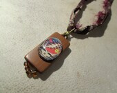 Grateful Dead Steal Your Face Bamboo Pendant. Strung on Recycled Sari Silk Ribbon. Beaded, Glass, Wire Wrapped.