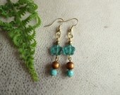 Phoebe. Sweet Beaded Flower Earrings. Teal Flowers, Wooden Beads, Seafoam Green Czech Glass, Gold Findings. Bohemian, Hippie Jewelry.
