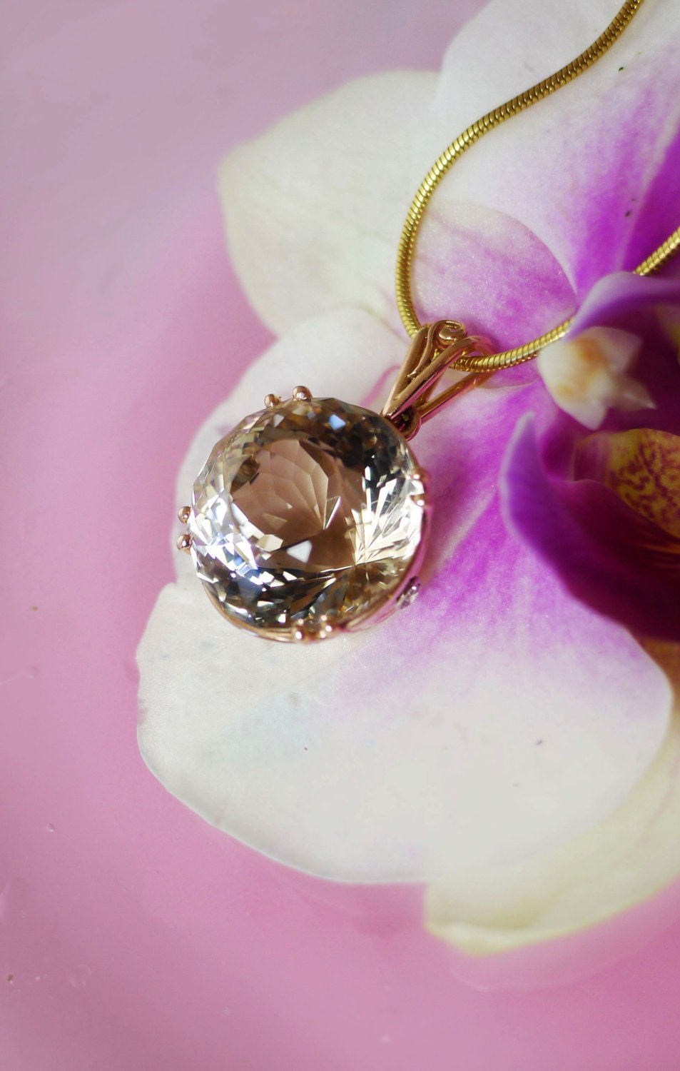 Herkimer Diamond 18K Rose Gold Pendant Smokey Shades and Diamonds Hand Filigreed