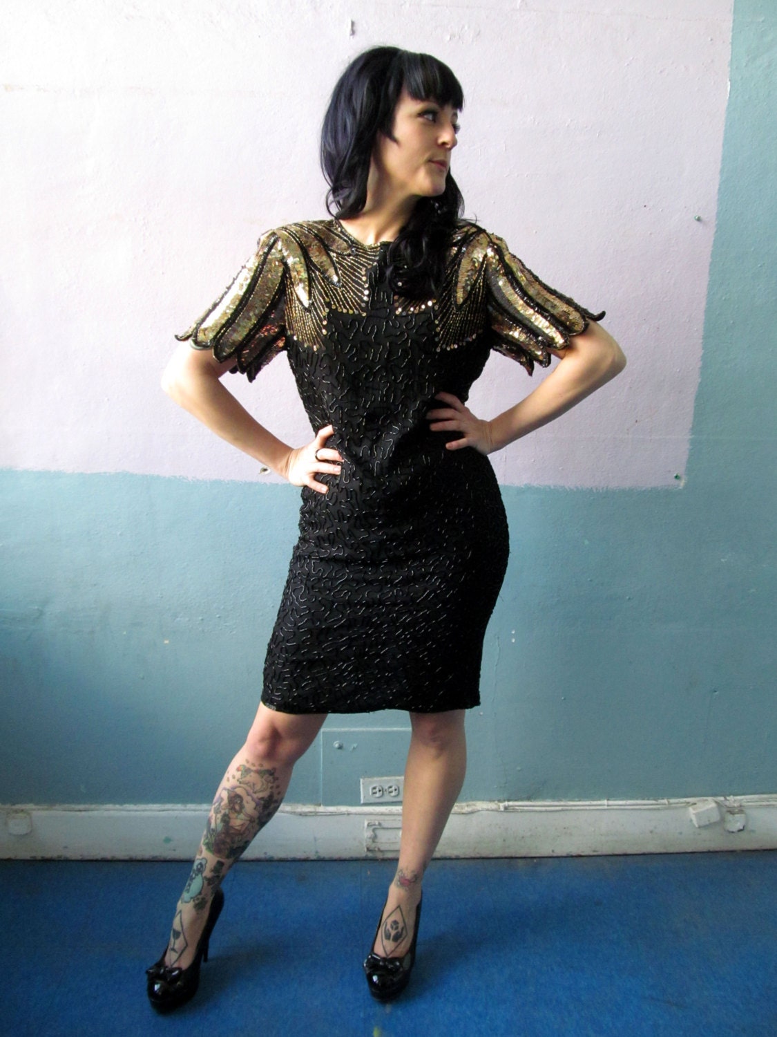 Vtg 80s Black & Gold Sequin Beaded Dress