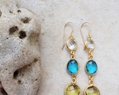 Dangle Earrings bridal wedding jewelry simple,long light sparkle lemon quartz blue topaz  clear quartz gold gemstone earrings Israel