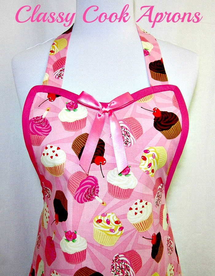 Apron CUPCAKES in PINK & CHOCOLATE, Fun Calorie Free, Cooking Baking Candy Making Kitchen Gift