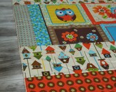 Plush fleece Baby Blanket/Modern Quilt -boy or girl -  owls and bird houses - orange, brown, blue, yellow, cream, green