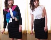 1980s 1990s Vintage Black & White Dress with Colorblock Jacket - 1990s Power Suit - Size Small Medium S M 2 3 4 5 6 7 8