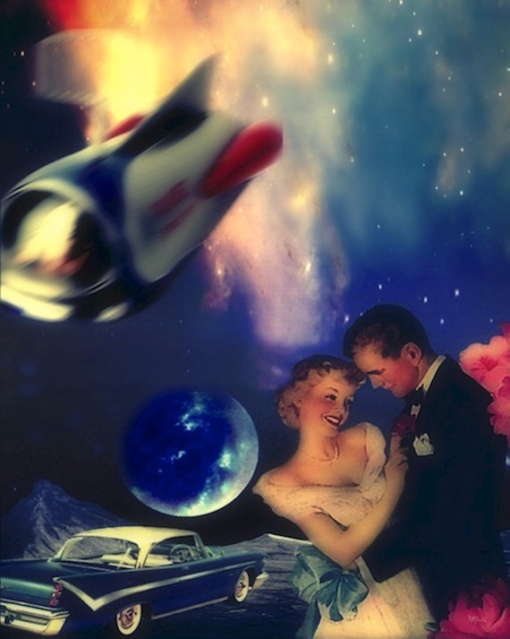Geeky Sci Fi Art, Mixed Media Collage,  "Prom in Space"  8 x 10, Outer Space, Eahkee Arts
