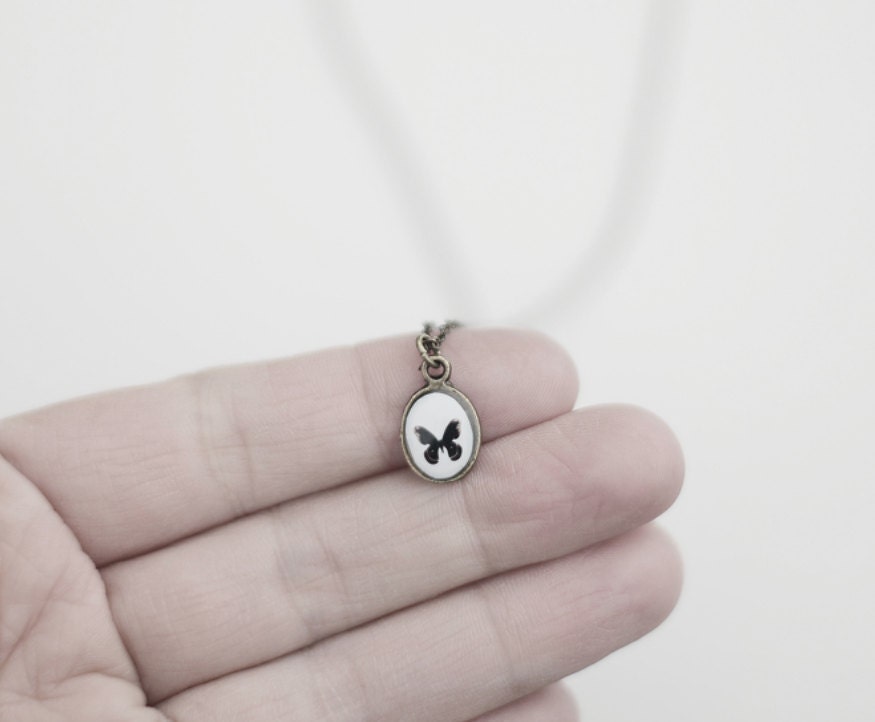 Tiny Butterfly Necklace- Unique Handmade Jewelry- Black Moth- Oval Bezel- Last Minute Gifts- Christmas- Under 25