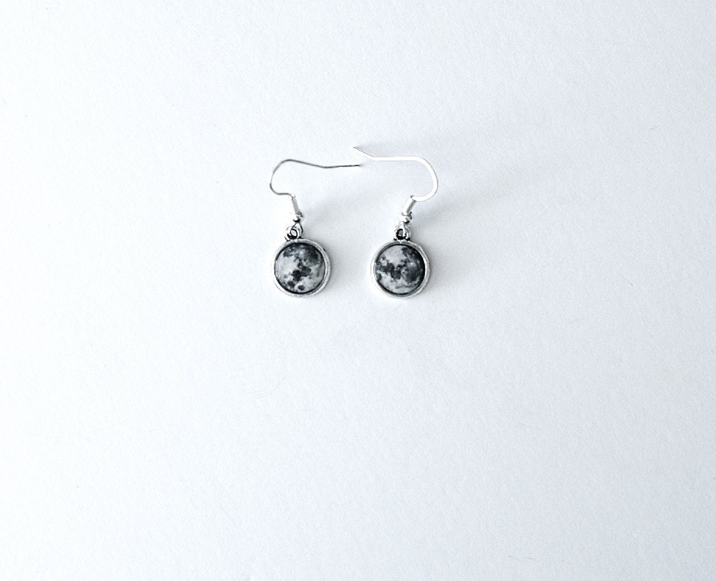 Tiny Full Moon Earrings- Real Moon Photograph Jewelry- Black & White- Petite- Love you to the Moon and Back