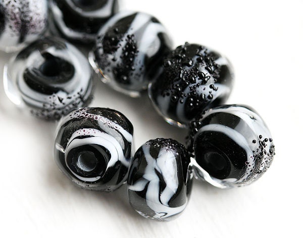 Black and White Lampwork glass beads, handmade, organics - SRA, by MayaHoney
