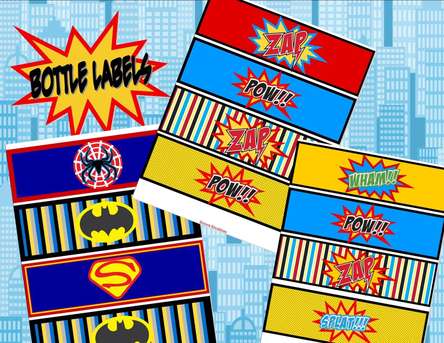 SUPER HERO BOTTLE Labels Party Printables - Superheroes Party for Spiderman, Batman and Superman, Boys Birthday Party   - Krown Kreations
