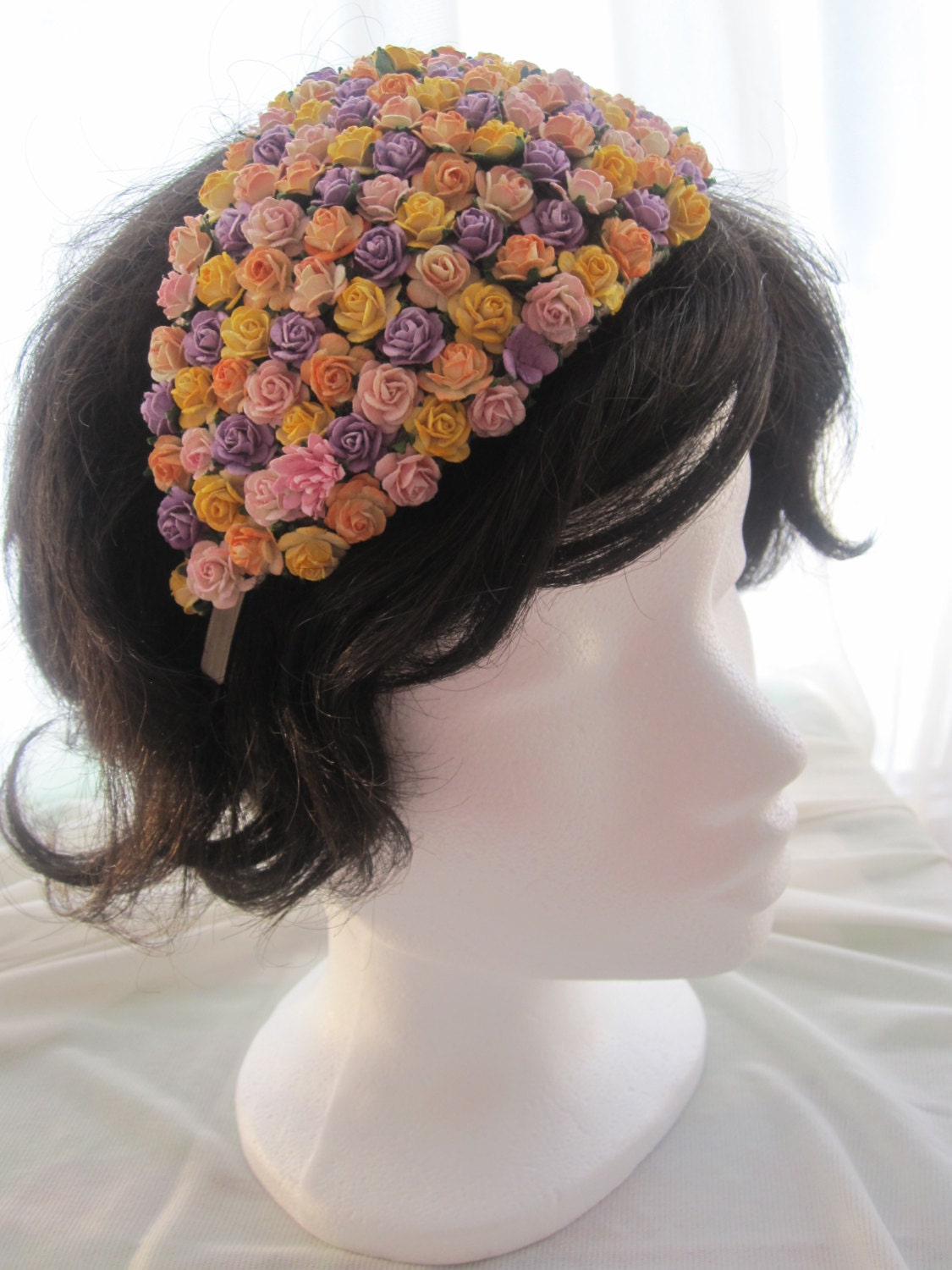 Vintage look bridal floral hat with bright  yellow  and lavender roses. Perfect for bridesmaids or flowergirls
