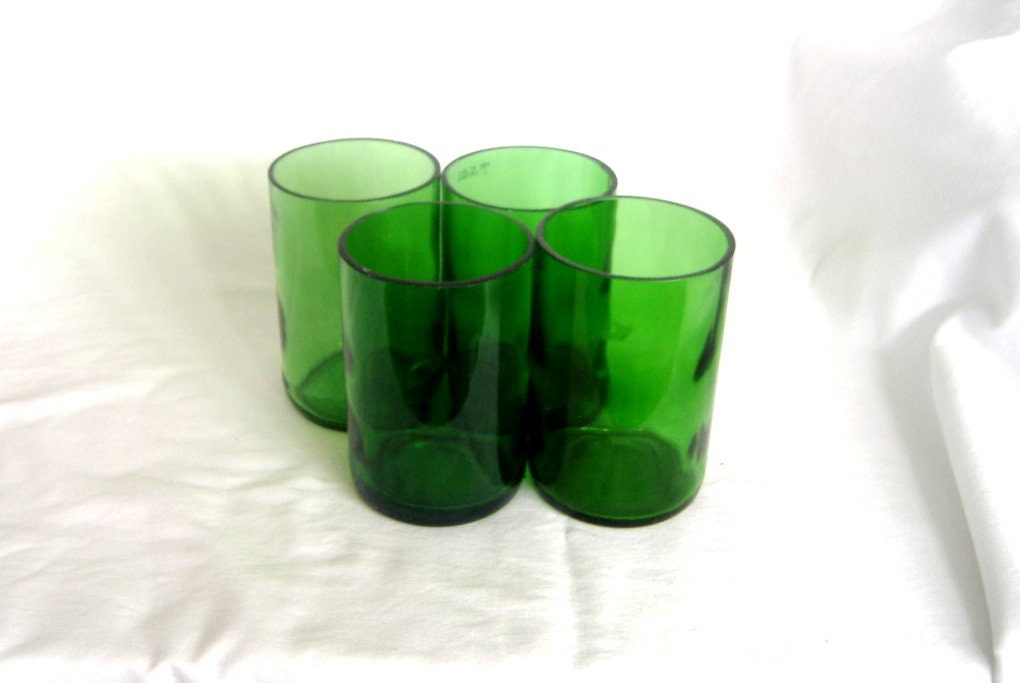Set of four upcycled green glass wine bottle tumblers